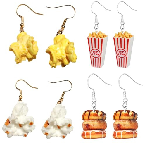 4 niedliche kreative Ohrringe: 3 Paar Popcorn + 1 Paar Huhn, lustiger Schmuck für Mädchen