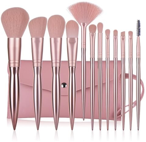 IMIKEYA 12Pcs Rose Gold Electroplated Makeup Brush Set with Powder Brush Professional for Women Includes Plastic Handle and Carrying Bag for Daily Makeup Use