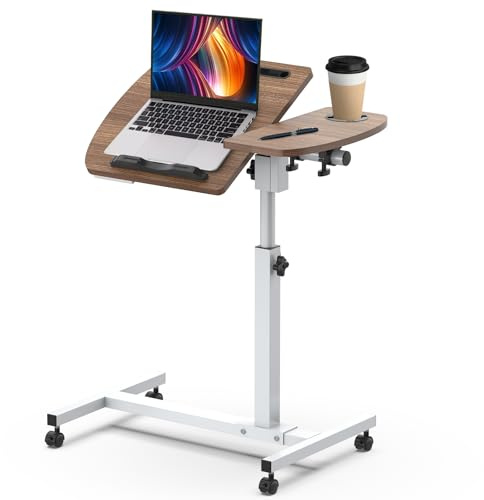 Beistelltisch, Betttisch auf Rollen Stehpult Höhenverstellbar, Mobiler Pflegetisch 60 x 40 cm, Laptoptisch mit 4 Feststellbaren Rollen, Beistelltisch für Krankenbett, Pflegebett & Zuhause – Walnuss