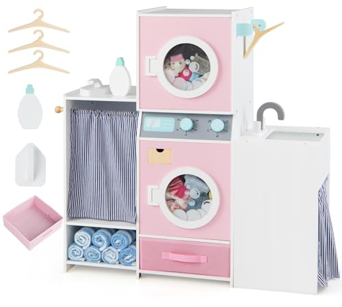 COSTWAY Machine à Laver Enfant avec Fer à Repasser et Lavabo | Tiroir en Tissu Pliable et 3 Cintres, Détergent à Lessive, Buanderie Enfant en Bois, Jeu de Lave-linge pour 3 Ans+