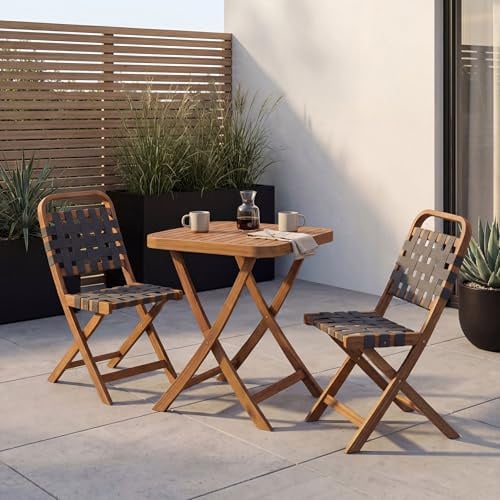 Mendler Garten-Set HWC-P70 Seilgeflecht Akazie Holz klappbar - Natur, grau | Sitzgruppe, Balkon-Set, Garnitur, 2x Stuhl, Tisch