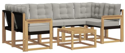 vidaXL Outdoor-Sofagarnitur mit Kissen 7 pcs Weiß und Hellgrau, Moderne Garten-Sofa-Garnitur, Robustes Akazienholz, Bequeme Terrasse, stilvolle Couch zum Entspannen