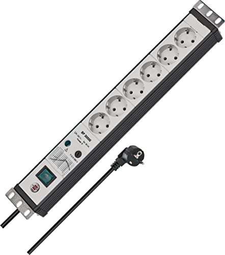 Brennenstuhl Premium-Line, Steckdosenleiste 6-fach mit Überspannungsschutz (3m Kabel und mit Schalter - in 19 Format, Made in Germany) schwarz/grau