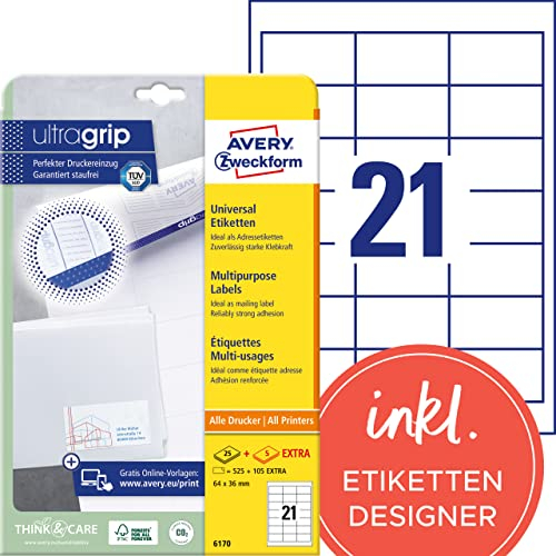 AVERY Zweckform 6170 Adressaufkleber (525 plus 105 Klebeetiketten extra, 64x36mm auf A4, Papier matt, bedruckbare Absenderetiketten, selbstklebende Adressetiketten mit ultragrip) 30 Blatt, weiß