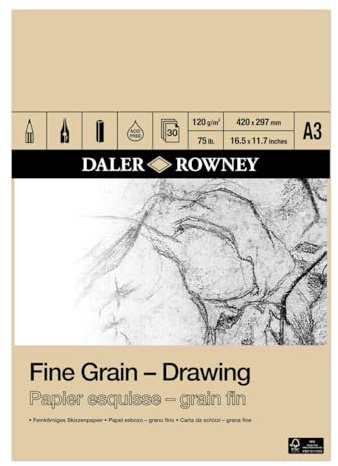 Daler Rowney Fine Grain Lightly Textured 120gsm A3 Drawing Paper Pad, Glued 1 Side, 30 White Sheets, Ideal for Professional Artists & Students