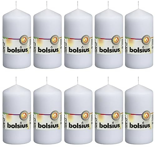 Bolsius Glatte Stumpenkerzen - Weiß - Set 10 Stück - Dekorative Haushaltkerzen - Länge Brenndauer 33 Stunden - Unparfümierte - Natürliches Pflanzenwachs - 12 x 6 cm