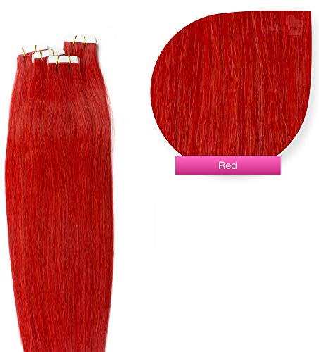 Tape Extensions Echthaar Haarverlängerung 50cm Tape In Haare mit Klebeband 40 Tressen x 4 cm breit und 2,5g Gewicht pro Tresse Farbe #red