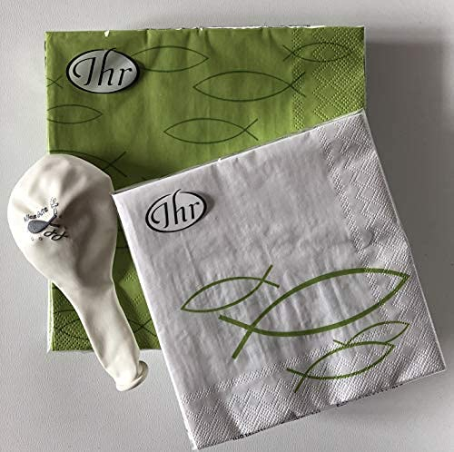 SET: 20+20 Servietten Motiv GRÜN Fisch Lunch Cocktail + 1 Luftballon Karaloon ' Alles Gute' gratis Kommunion Konfirmation Taufe Deko Tischdeko