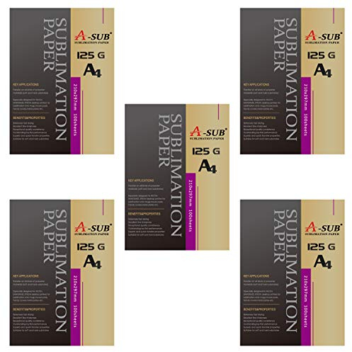 A-SUB Papier de sublimation A4, 210x297 mm, 500 feuilles, 125 g/m², compatible avec les imprimantes à sublimation EPSON, SAWGRASS, RICOH, Brother