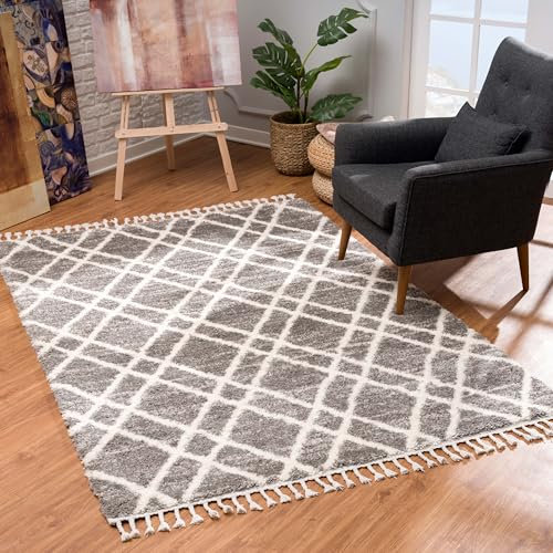 Teppich Wohnzimmer Shaggy - Grau Creme - 140x200cm - Deko Schlafzimmer Hochflor mit Fransen Flauschig - Raute Muster - Oeko Tex 100 Standard - Allergiker geeignet
