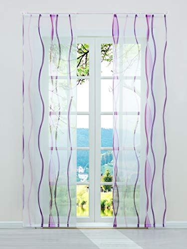ESLIR Schiebegardinen Set 2er Flächenvorhänge Gardinen mit Klettband Schiebevorhang Transparent Vorhang mit Wellen Druck Voile Violett BxH 57x245cm 2 Stück