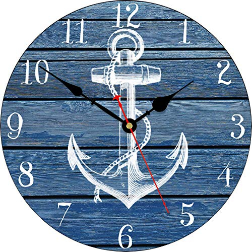 TAHEAT 34 cm Weiß Anker Muster Wanduhr, Nicht tickend Leise Uhren, Nautisch Retro Hölzern Arabische Ziffer Uhren, Leicht zu lesen Wanduhren für Küche/Wohnzimmer/Schlafzimmer