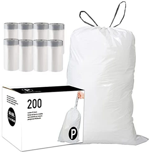 Code P (200 Count) 13-16 Gallon Heavy Duty Drawstring Plastic Trash Bags Compatible with simplehuman Code P | 1.2 Mil | White Drawstring Garbage Liners 13-16 Gallon/50-60 Liter
