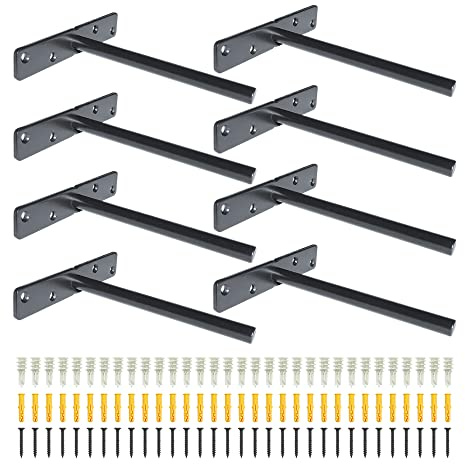 Premium Heavy Duty Floating Shelf Brackets - Solid Steel Wall Mounted Bracket for Concealed Shelves with Screws & Wall Plugs for Drywall & Concrete Wall - Invisible Hidden Supports (8 Pcs, Black)