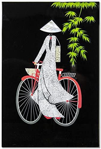 Tableaux en Bois Laqué et Coquille d'Oeuf “Étudiante Vietnamienne” L20 x H30cm, Fait Main - Panneau Mural de Décoration, Style Asiatique - Artisanat du Vietnam (S43-5351)