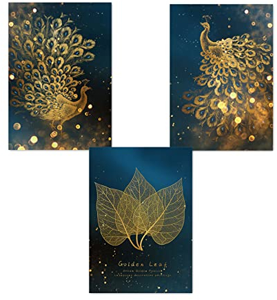 CULASIGN 3er Set Design-Poster Wandbilder, Goldene Blätter Pfau Poster Set, Ohne Rahmen, Wandbild Print Bilder Kunstposter Deko, Wanddeko Wohnzimmer (40x50cm)