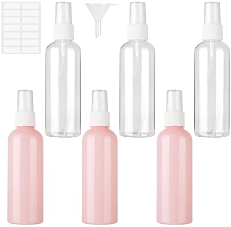 Ysimple 6 Piezas Transparente Botellas Aerosol Vacío Plástico 100ml,Botellas Aerosol Vacío Plástico con Embudos y Etiquetas,para Perfumes y Cosméticos(3 Transparentes+3 Rosas)