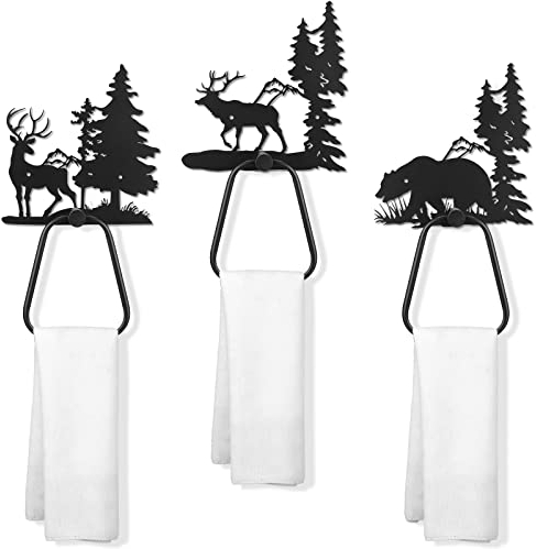 Peryiter 3 Stück Bär Handtuchhalter Rustikale Handtuchhalter Kabine Badezimmer Dekor Schwarzer Bär Hirsch Wischring Wanddekorationen Bauernhaus Küche Geschenke