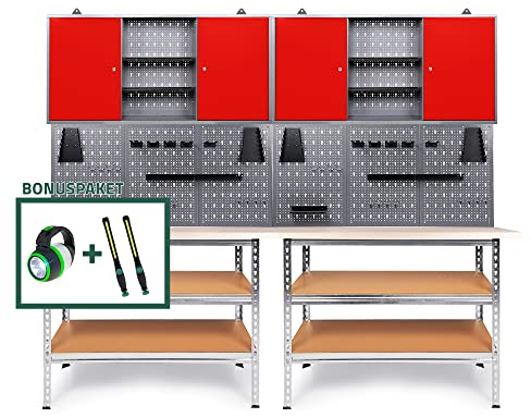 Ondis24 Werkstatteinrichtung 240 cm Werkbank Uwe, Metall, Lochwand mit Hakensortiment, 2 Werkstattschränke Arbeitshöhe 92 cm, inklusive Einrichtungspaket