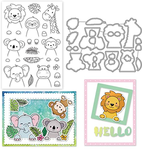 INFUNLY Tropische Tiere Klare Stempel Und Stanzformen Set Elefant Löwe Transparente Silic Stamps Tierform Stanzform Für Kartenherstellung DIY Craft Scrapbooking Grußkartendekoration