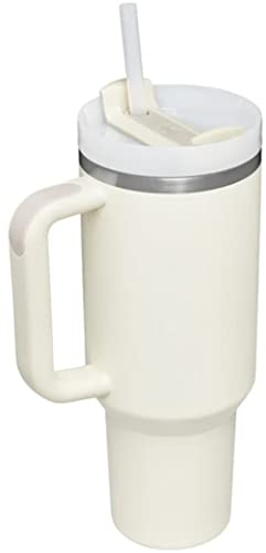 Gobelet à paille de 1200 ml avec bouchon à rabat avec poignée pour porte-gobelet de voiture, tasse à eau anti-fuite en acier inoxydable 304 – Bouteille d'eau de voyage... (Nouvelle version blanc)