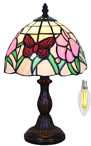 Kinbolas Tischlampe kleine im Tiffany Stil,Vintage Nachttischlampe,Schlafzimmer Deko Lampe,Jugendstil Tischleuchte,Schmetterling Blume Buntglas Lampenschirm mit 20cm / 8 Zoll Mit E14 LED Birne