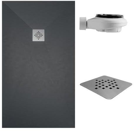 SoulHome Receveur de douche Résine 150x100 Anthracite Grille Standard | Antidérapant C3, extra-plat, résine et charge minérale, texture pierre lisse, antibactérien, gel-coat, + bonde d'évacuation