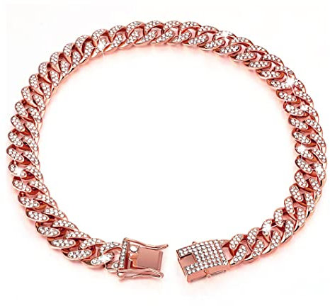 Dog Chain Collar Gold Diamond Cuban Link Dog Collar Walking Metal Glitter Dog Collar Pet Jewelry Accessories Pet Cuban Collar Jewelry for Small, Medium, Large Dogs and Cats,rose gold,12mm/16inch