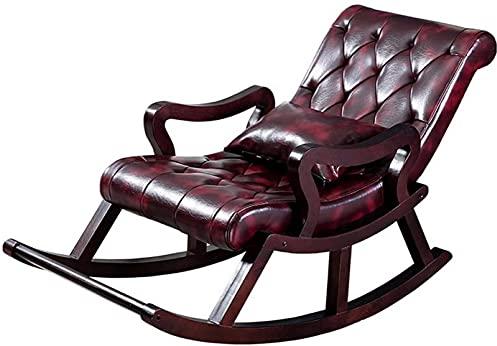 UZOURI Leder Schaukelstuhl Nordic Massivholz Lazy Leisure Sofa Chair Relax Garden Nap Chair, Seniorenstuhl, Dunkelbraun