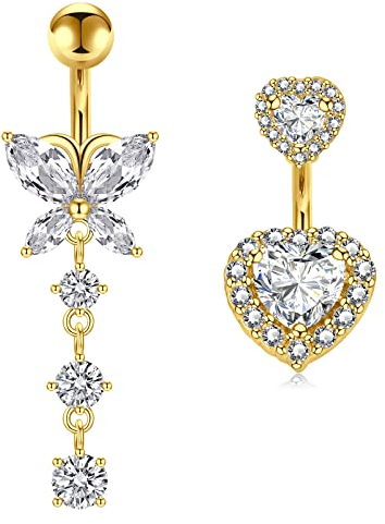 WillTen 14G 10MM Gold Bauchnabelpiercing Klar CZ Schmetterling Anhänger Nabelpiercing Damen Chirurgenstahl Herz Diamant Bauchpiercing Bananabells