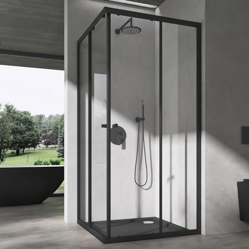 doporro Duschkabine 70x120x190cm Eckeinstieg Duschabtrennung Inkl. Duschwanne glas Doppel Schiebetür ESG Glas Duschtür Ravenna 16K Plus Schwarz