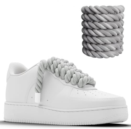 Chunky Laces - Stone Grey Cotton 14mm Rope Laces with White Tips, 160cm Length, Compatible with Air Force 1, Macrame Cord - Thick Rope Stone Grey Shoelaces AF Sneaker Shoes, laces trainers sneakers