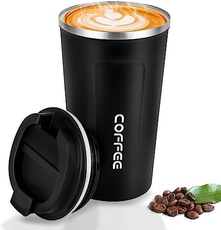 CMKJ Thermobecher Edelstahl,Kaffeebecher to Go,Vakuumisolierter Edelstahlbecher, Kaffeetasse mit Deckel für Tee Kaffee Heißes Kaltes Wasser Kaffee Reisebecher (Schwarz,18oz/510ml)