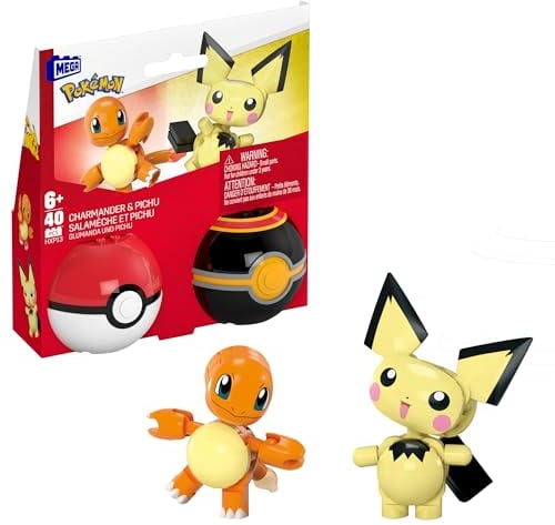 MEGA Pokémon Action-Figur-Bauspielzeug-Set, Pokéball 2er-Pack, Pichu und Charmander mit 40 Teilen, für Kinder, HXP13