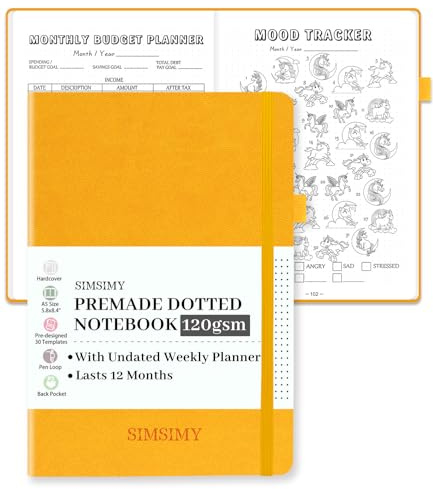 SIMSIMY Vorgefertigtes Bullet Dotted Journal Notizbuch, vorgefertigtes Punktraster Journaling mit undatiertem Wochen- und Monatsplaner, verschiedene Tracker, hält 1 Jahr, A5