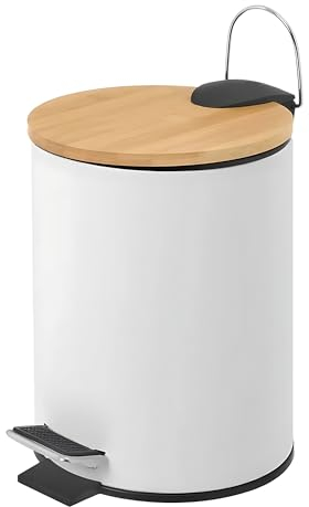 Papelera de Baño Metal con Tapa de Bambú 3 Litros, Cubo de Basura con Tapa y Pedal (Blanco)