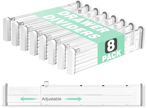 FUNIZE Expandable Drawer Dividers 8 Pack, 2.36 High, 12.6-22.8 Clear Drawer Organizers for Utensils, Clothes, Adjustable Kitchen Drawers Separators in Dresser, Bedroom, Bathroom, Office Storage