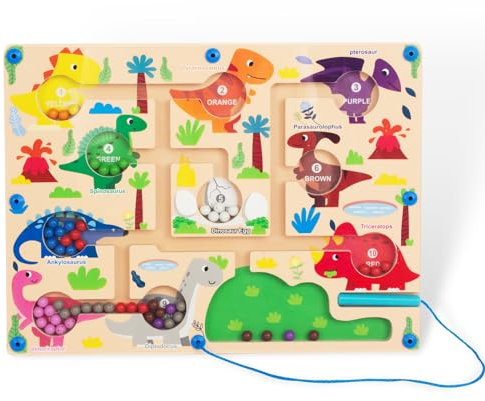 WOODENFUN Montessori Spielzeug magnetisches Spiel Perle Labyrinth Dinosaurier Magnetisches Spielzeug Farbe passend Lernen Zählen Puzzle Klassifikation Board 3 Jahre+
