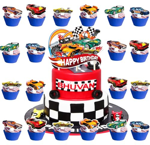 26 Stück Hot Whels Tortendeko Jungen, Hot Whels Kuchen Deko Kindergeburtstag, Cake Topper Set, Happy Birthday Topper für Kinder Geburtstag Party Kuchen Dekoration Supplies (A)