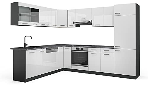 Vicco Eckküche R-Line, Weiß Hochglanz/Anthrazit, 227 x 287 cm, AP Marmor