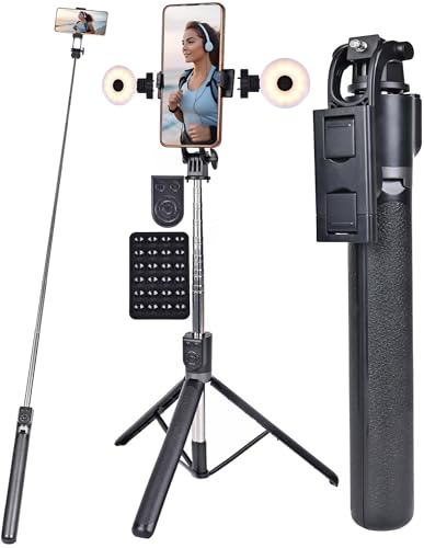 Palo Selfie Tripode para Movil 180cm Tripe Telemovel Stick con 2 Luces Alto + Ventosa Movil Phone Bluetooth Pequeño Invisible Telemóvel Viaje Portatil Mejorado Telescopico Inalámbrico Plegable