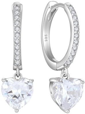 Starchenie Ohrringe 925 Sterling Silber für Damen Creolen mit Zirkonia Herz Weiß Geburtsstein Hängend Hypoallergen Kreolen Hängeohrringe