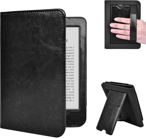 E NET-CASE Étui de Protection pour Kobo Clara BW/Colour (2024)/2E (2022), en Cuir Synthétique, Qualité Supérieure, avec Fente pour Carte et Dragonne, Noir