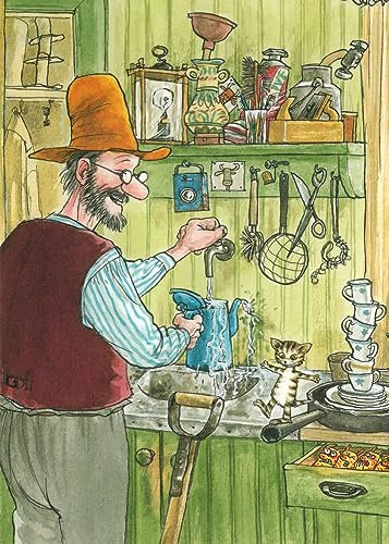 Postkarte Pettersson und Findus: Pettersson mit Findus in der Küche