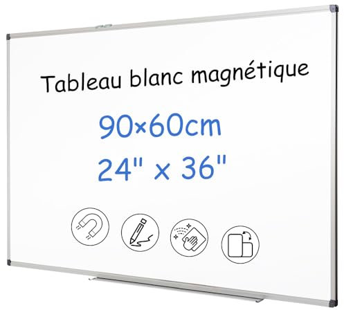 XIWODE Tableau Blanc Magnétique 60x90cm- Facile à nettoyer | Surface Aimantée Haute Puissance | Cadre Aluminium Professionnel | Avec Porte-Marqueurs et Kit de Fixation | Bureau | Maison | École