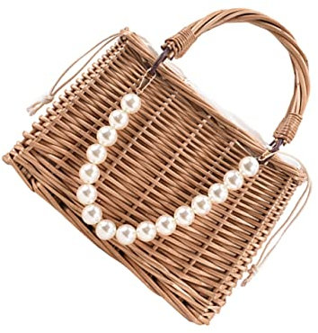 LIFKOME 1stk Perle Handtasche Perle Geldbörse Frauen Mini-tasche Korbgeldbörse Für Damen Korbtasche Rattan-tasche Mit Perlengriff Reisetaschen Crossbody-strohhalm Perlentasche Khaki Stoff