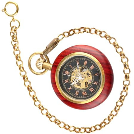 TINEASUR Vintage Taschenuhr Mechanische Taschenuhr Königliche Uhr Herren Ancestry Holzmaserung Römische Ziffern Uhr
