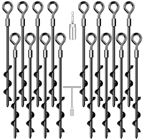 Ground Anchors 16 Pack Screw in Heavy Duty Ground Anchors,Tent Stakes for Camping Tent, Trampoline, Canopies, Carports, Sheds, Swing Sets, Black Anti-Rust Coating for High Wind (16 x 14“)