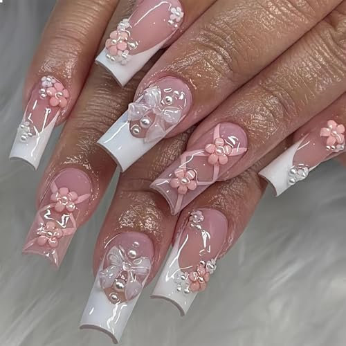 GlamRays Pack of 24 Long Square Press On False Nails - White, Nude, Pink with Flower, Bow, Pearl Designs - Shiny Adhesive Artificial Nails