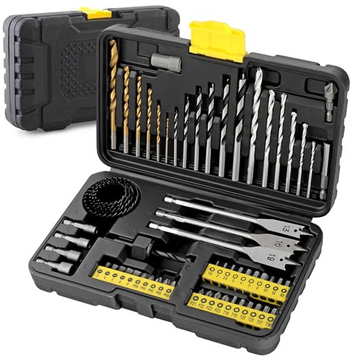 Hi-Spec 63 piezas juego de brocas y accesorios para taladro en estuche. Brocas HSS con recubrimiento de titanio para metal, madera, ladrillo y concreto, incluye sierras de copa y puntas de centrado